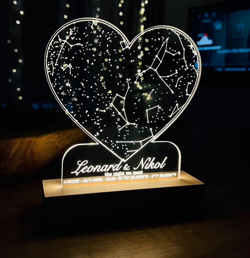 Gravírovaná LED hviezdna mapa srdce