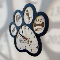 Personalizované dřevěné hodiny ve tvaru tlapky – originální dárek pro milovníky zvířat