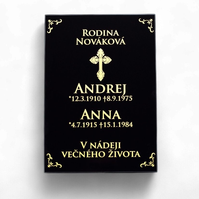 Gravírovaná sklenená tabuľa na hrob s vlastným textom a symbolmi – pamätná dekorácia na náhrobný kameň