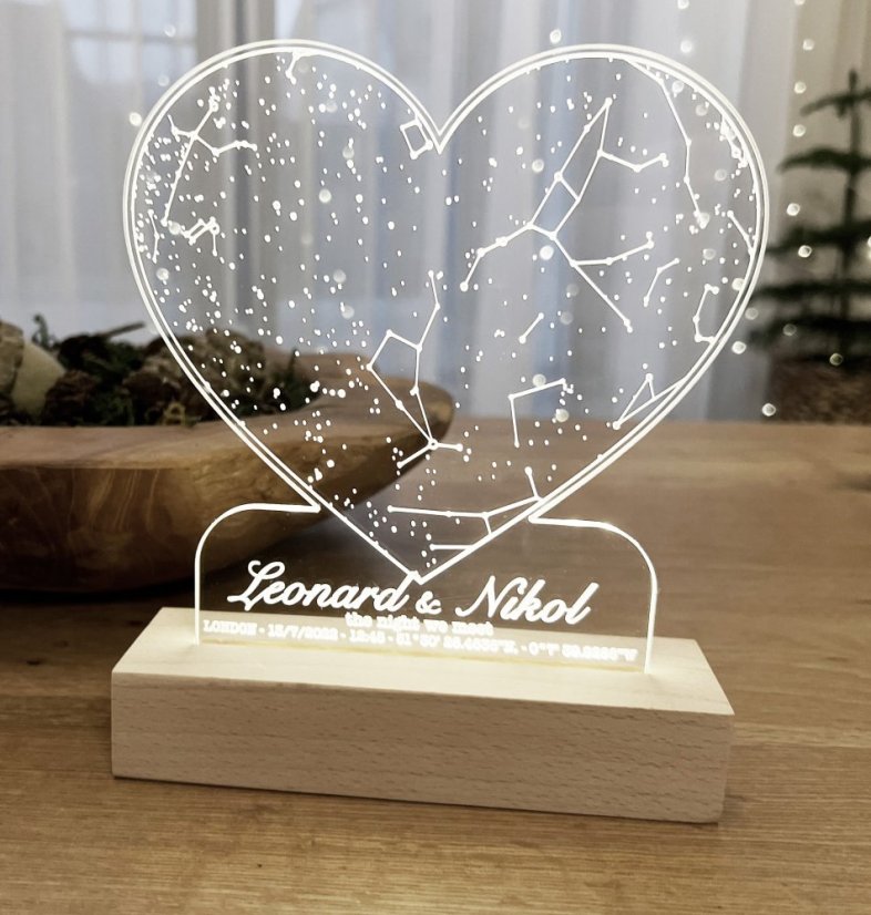 Gravírovaná LED hviezdna mapa srdce